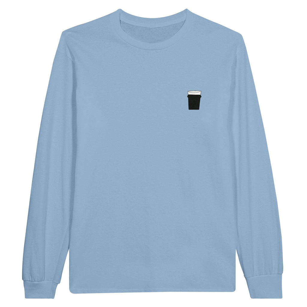 Pint of Plain Long Sleeve Unisex T-Shirt in light blue, featuring a pint glass design, perfect for beer lovers.