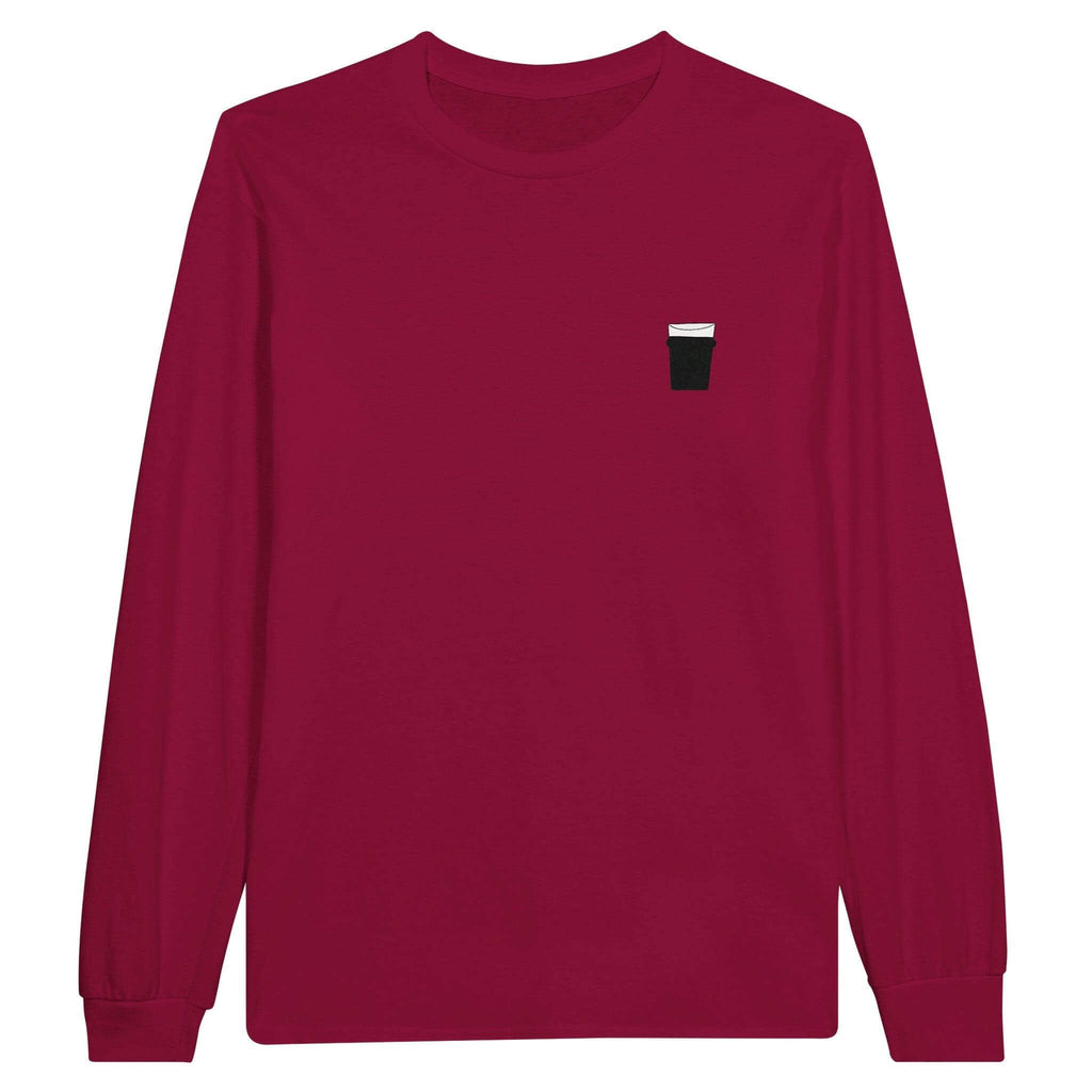 Unisex burgundy long sleeve t-shirt featuring a pint glass graphic, perfect for beer lovers and casual outings.