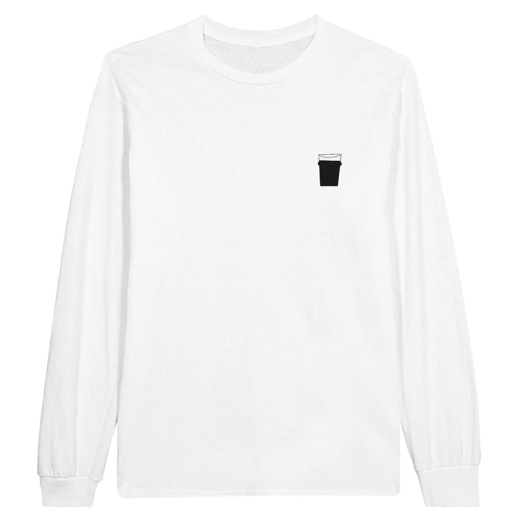 White unisex long sleeve T-shirt featuring a pint glass graphic, perfect for beer lovers and casual outings.