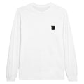 White unisex long sleeve T-shirt featuring a pint glass graphic, perfect for beer lovers and casual outings.