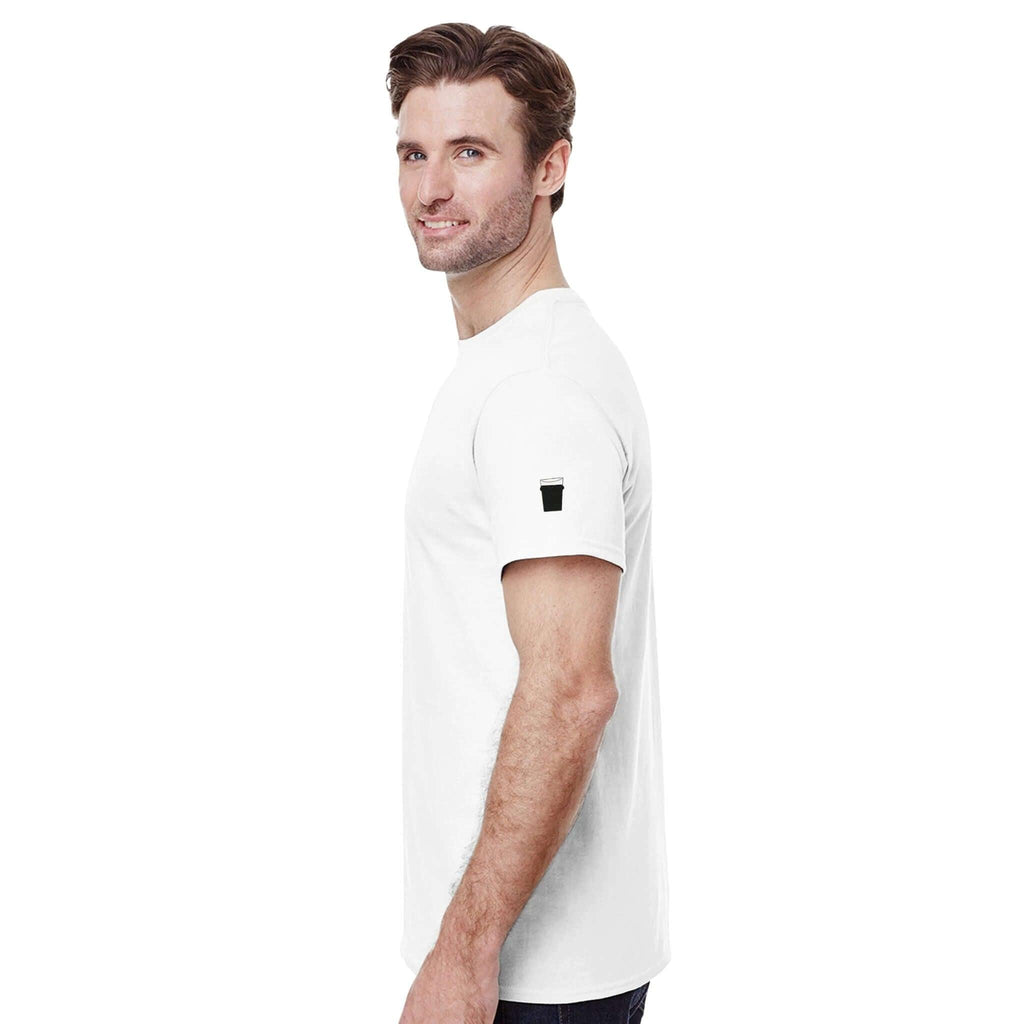 Side view of a man wearing a Pint of Plain Uni-Sex T-Shirt with classic pint glass design, perfect for beer lovers.
