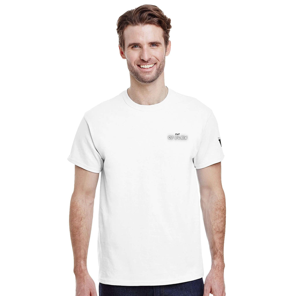 White Pint of Plain Uni-Sex T-Shirt worn by smiling man, inspired by Guinness heritage for beer lovers.