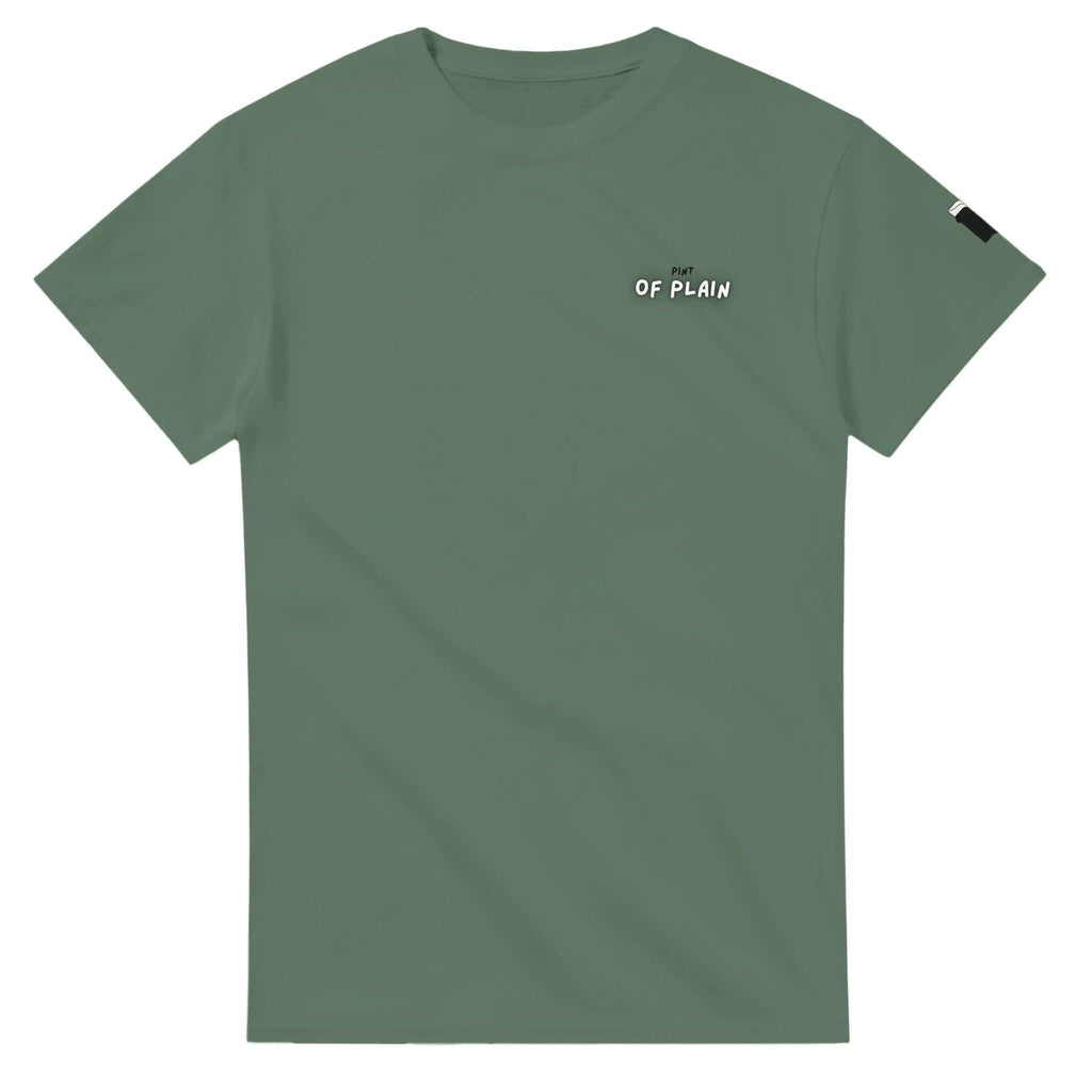 Pint of Plain Uni-Sex T-Shirt in olive green, minimalist design for beer lovers, crafted from soft cotton.
