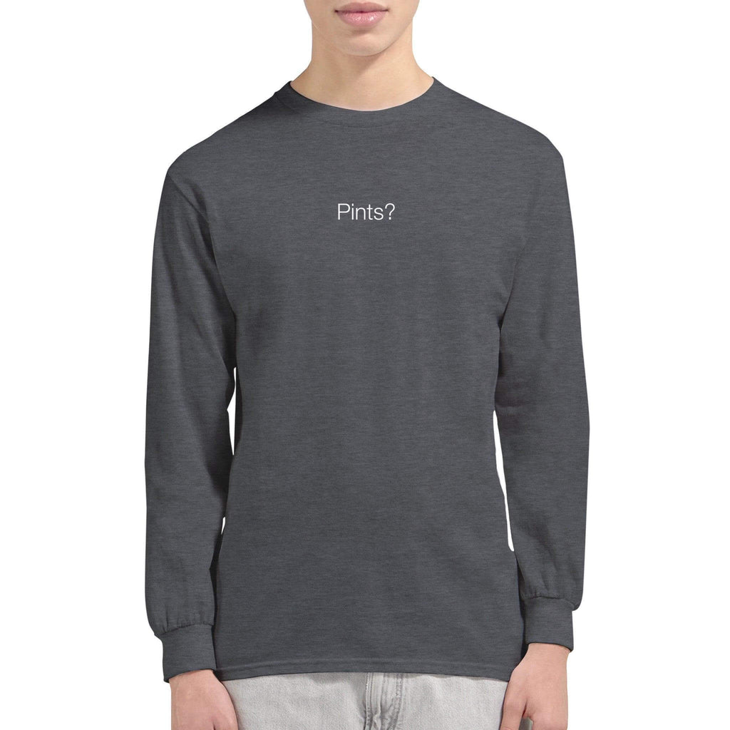 Unisex long sleeve t-shirt in dark gray featuring the text 'Pints?' perfect for casual outings and stylish comfort.