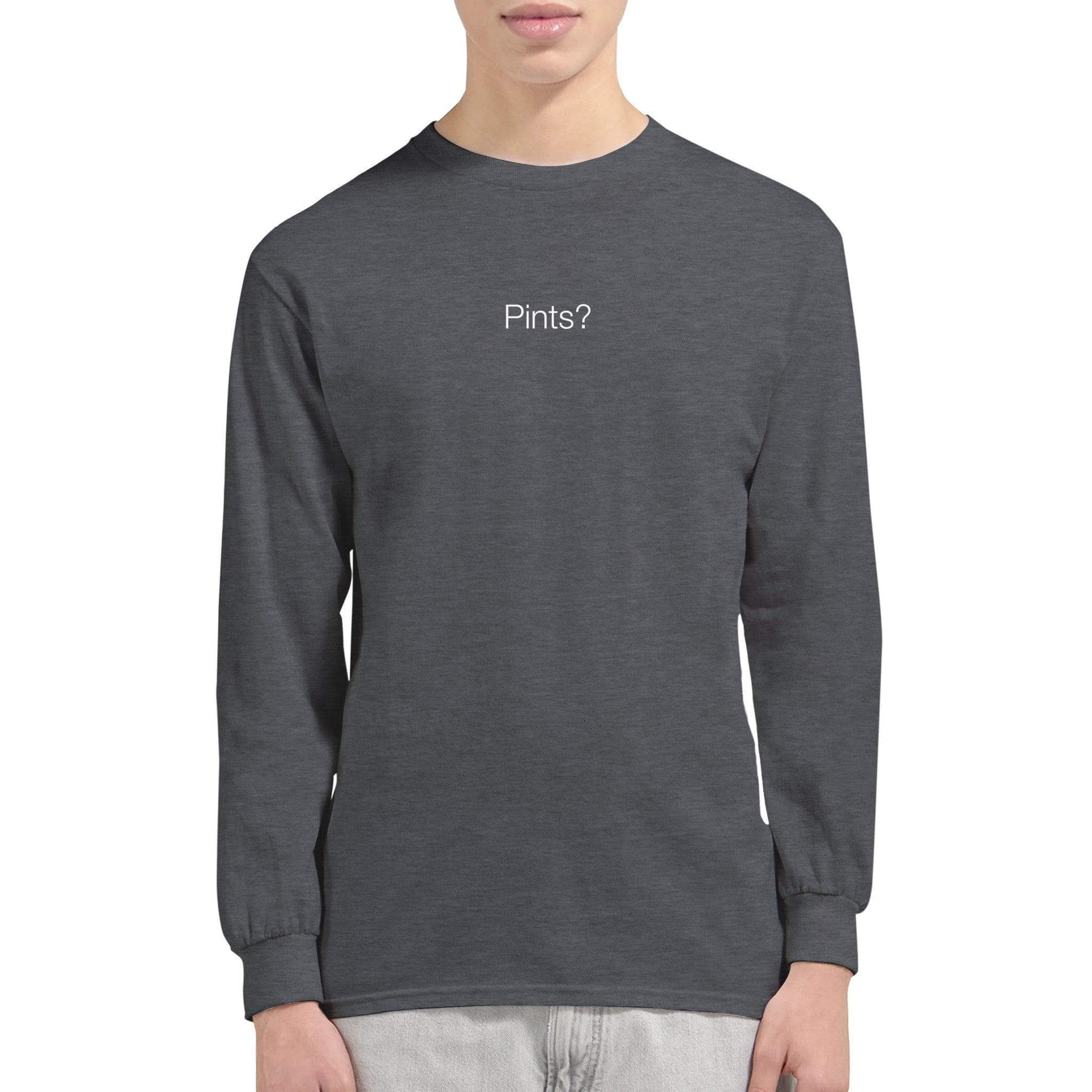 Unisex long sleeve t-shirt in dark gray featuring the text 'Pints?' perfect for casual outings and stylish comfort.