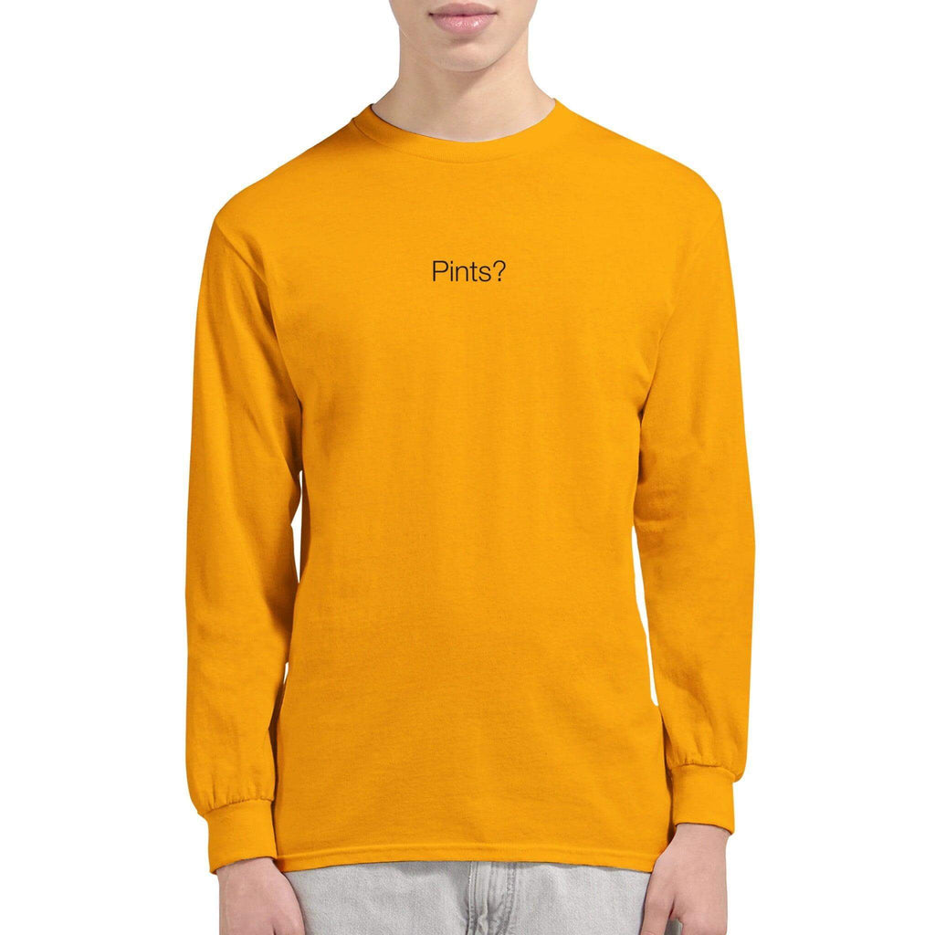 Yellow unisex long sleeve t-shirt with 'Pints?' text, perfect for casual outings and beer lovers.