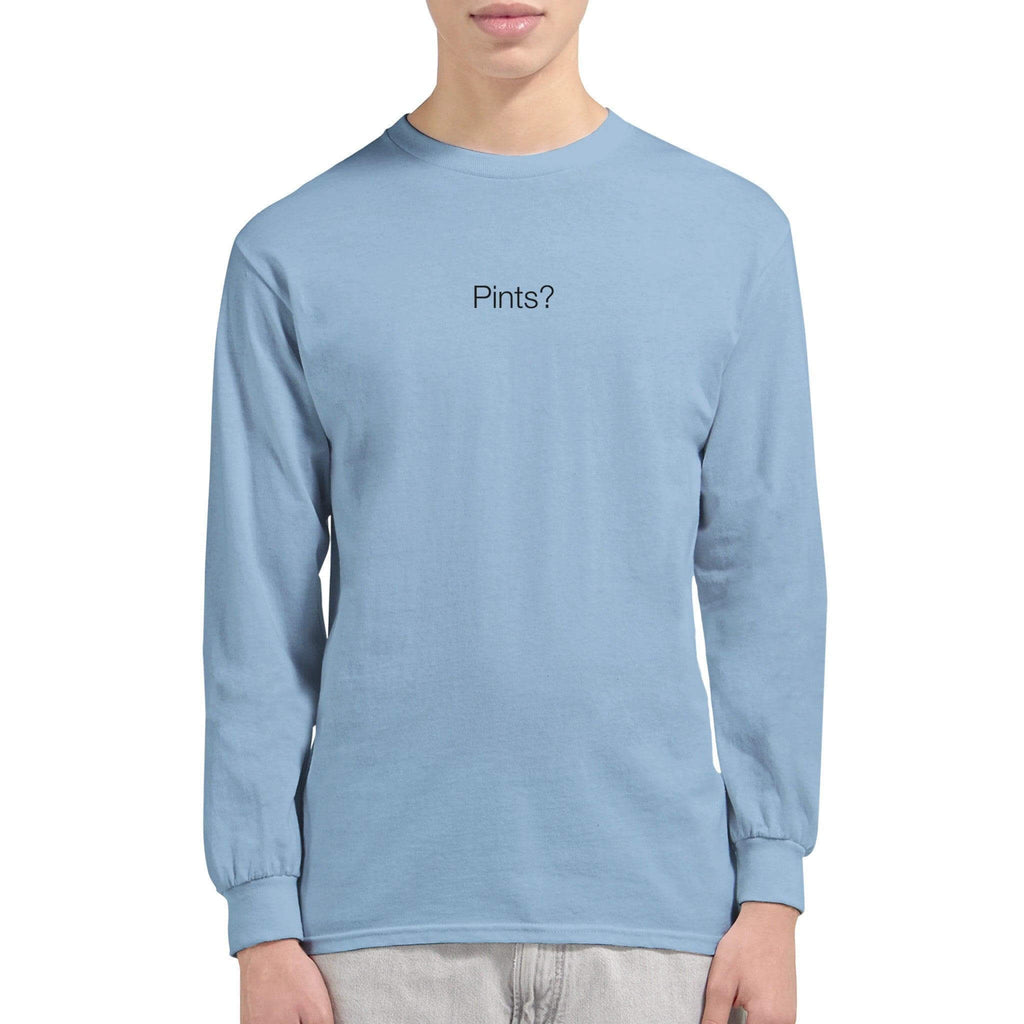 Unisex long sleeve t-shirt in blue featuring the text 'Pints?' for casual outings and comfort.
