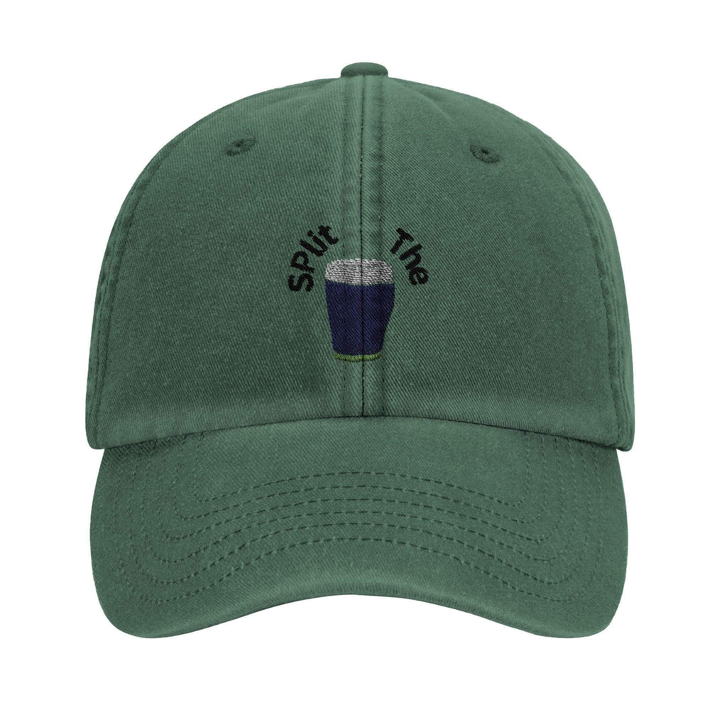 Split The G Guinness Hat in green, vintage dad cap style, featuring embroidered pint glass design.