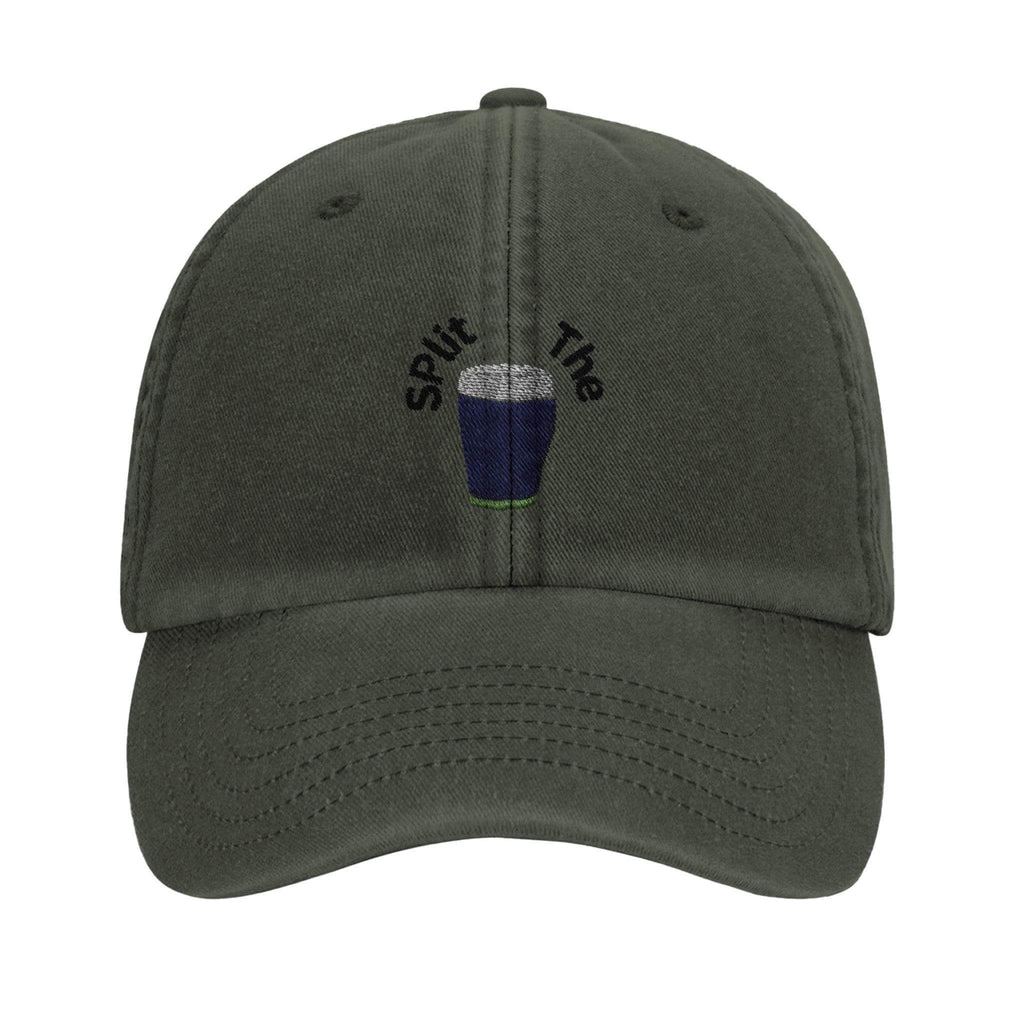 Split The G Guinness Hat in olive green, showcasing embroidered pint glass, perfect for beer enthusiasts.