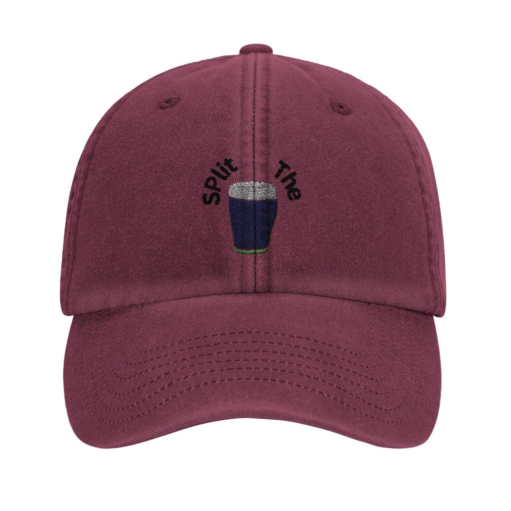 Split The G Guinness Hat in burgundy with pint glass embroidery, perfect for Guinness lovers and stylish comfort.