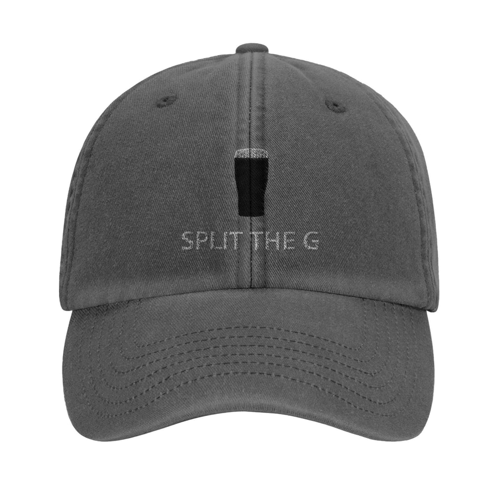 Split the G hat in gray with pint glass graphic, perfect for Guinness lovers and vintage merch enthusiasts.