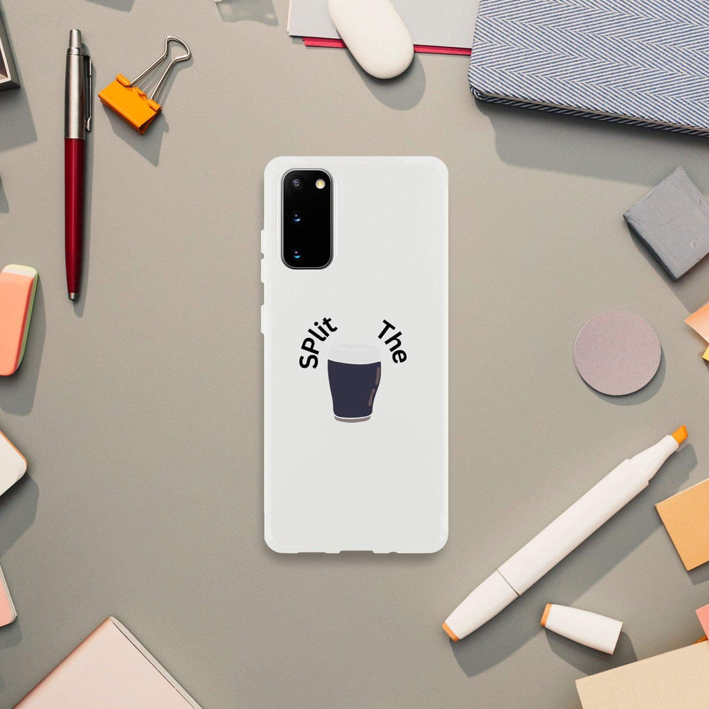Guinness-inspired Split the G phone case on a stylish workspace, showcasing its unique design and protective features.