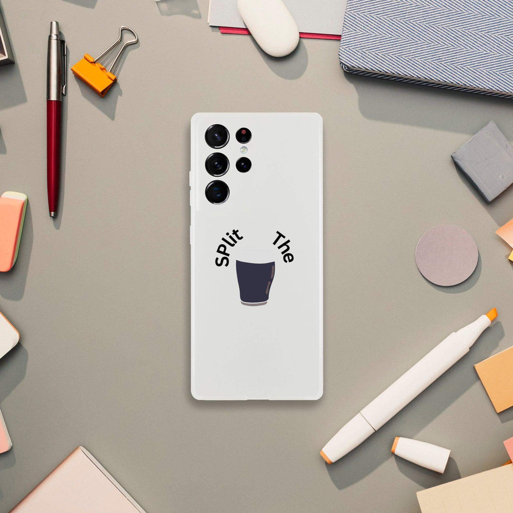 Split the G Guinness phone case on a stylish desk, showcasing unique design and durable protection.