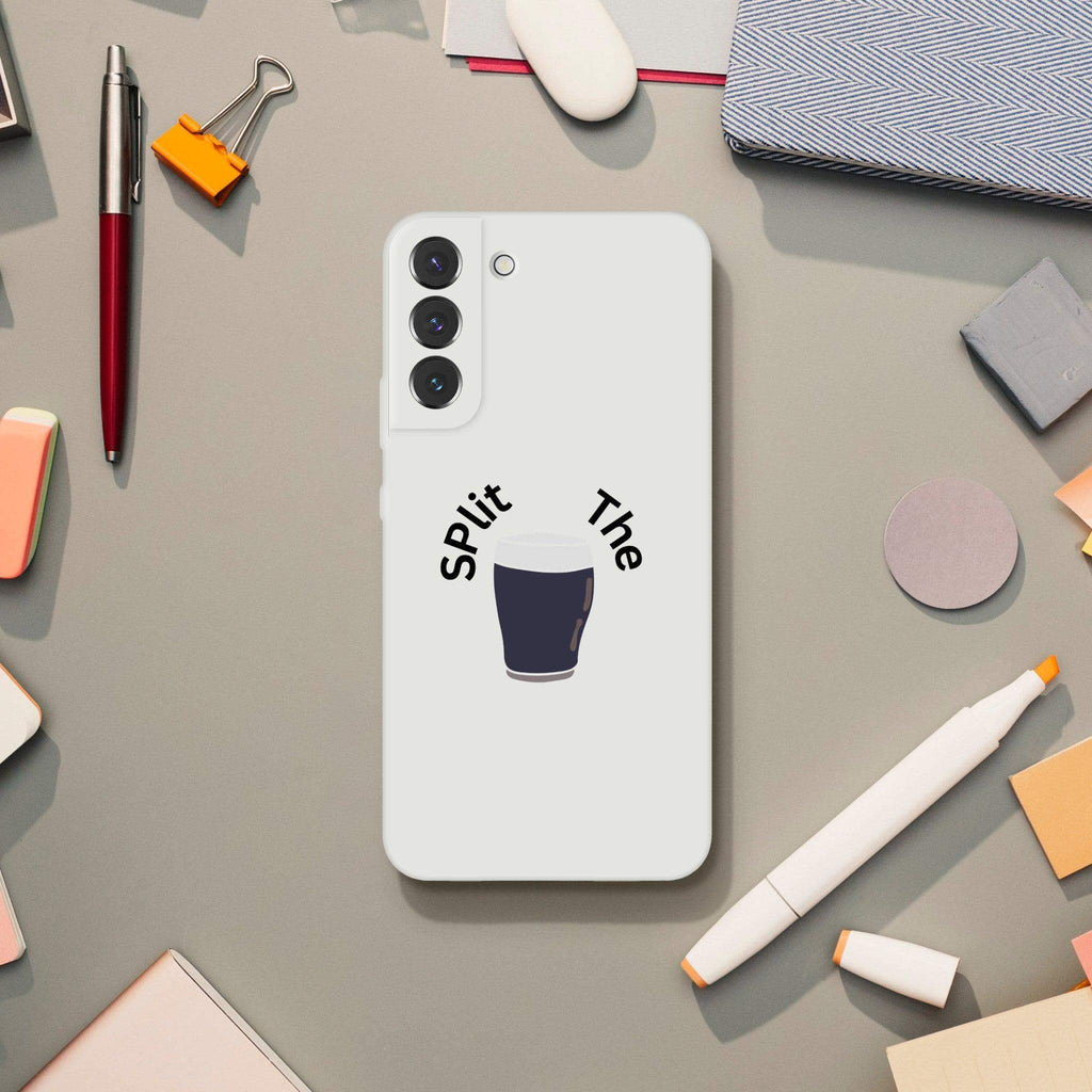 Split the G Guinness phone case showcasing a frosty glass design on a smartphone against a stylish workspace.