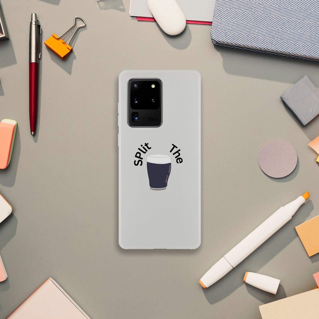 Stylish Split the G Guinness phone case on a desk surrounded by office supplies, showcasing unique design.
