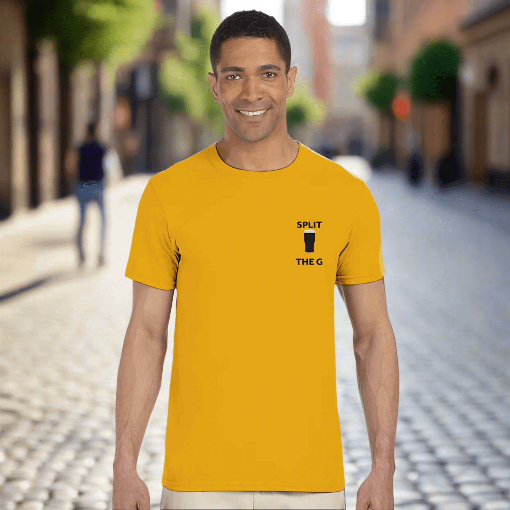 Man wearing Split The G T-Shirt in yellow, showcasing Guinness inspired design, perfect for beer lovers.