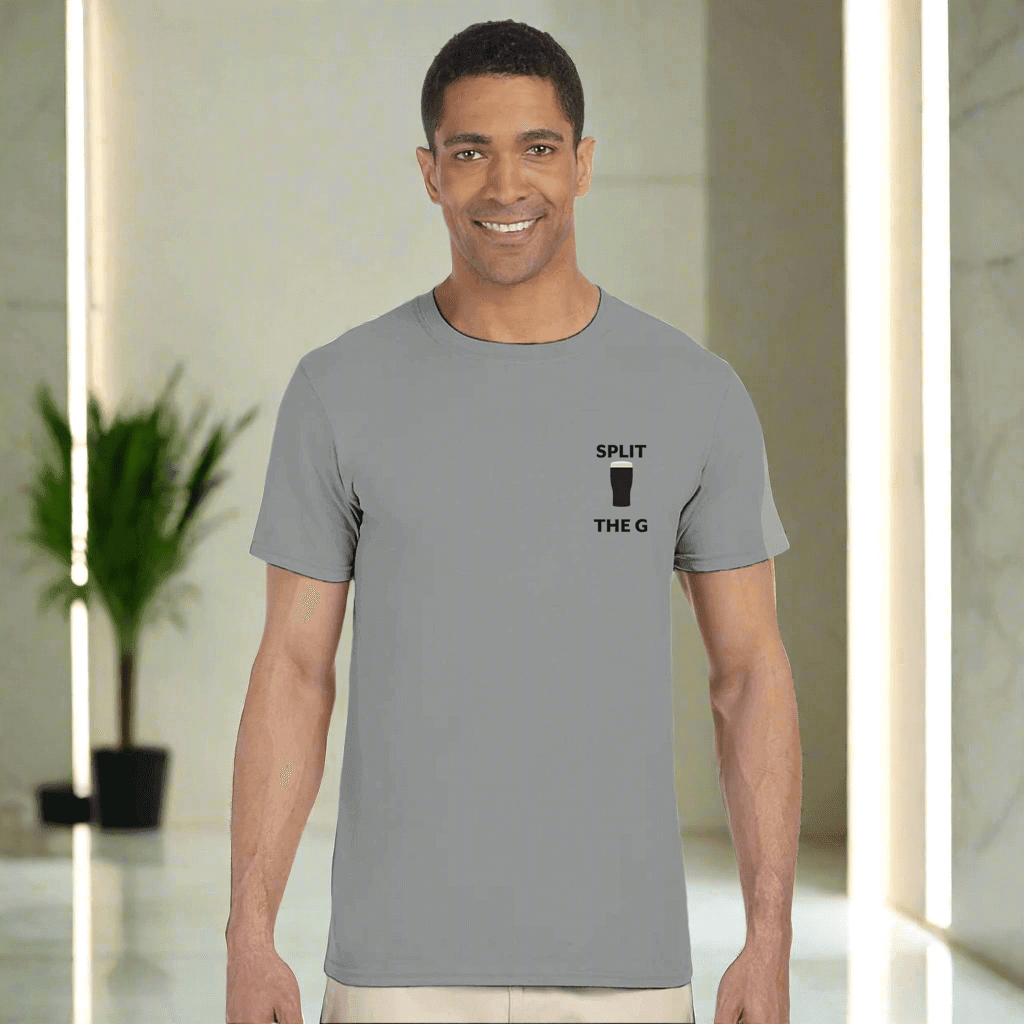 Man wearing a gray Split The G T-Shirt with a pint glass design, celebrating Guinness-inspired love.