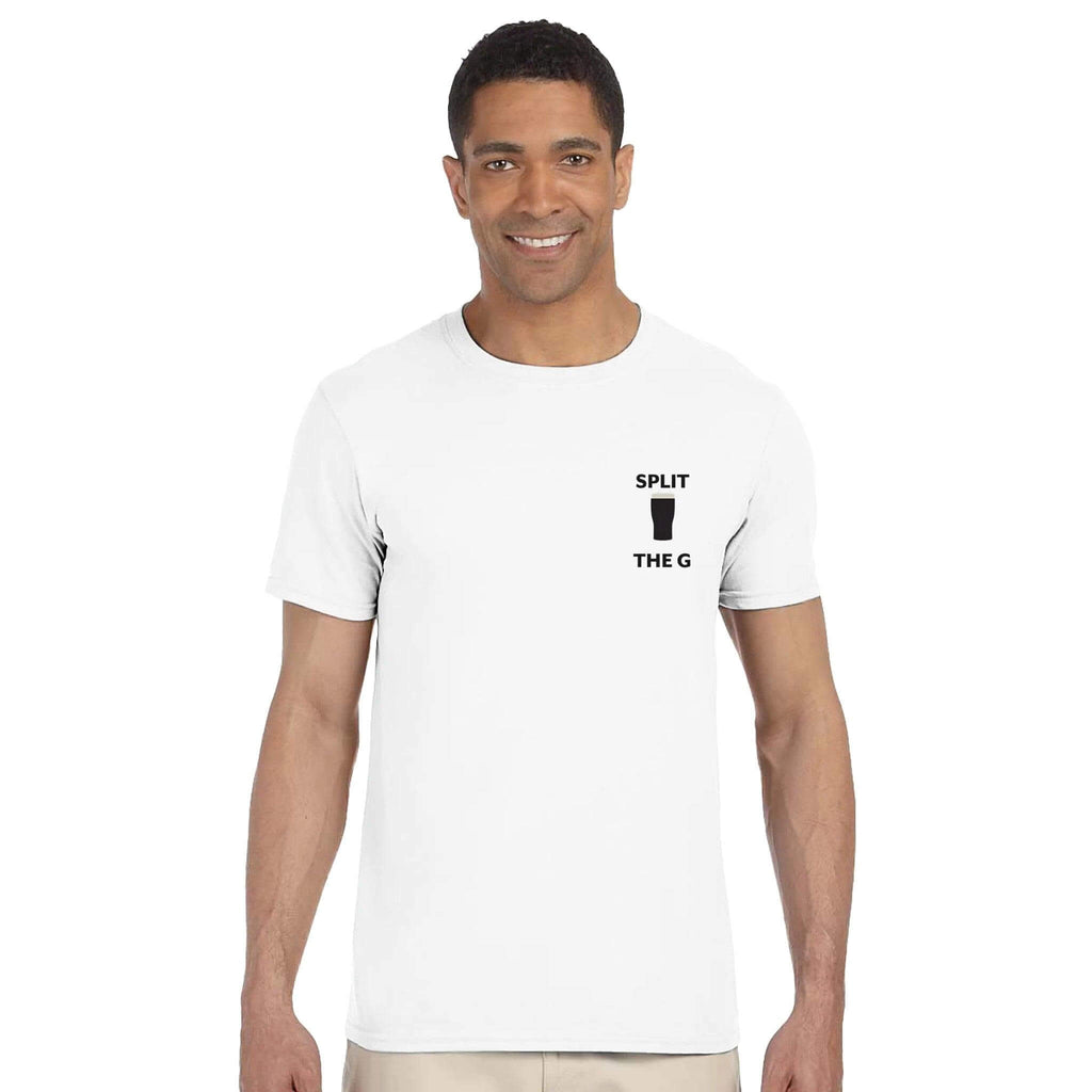 Man wearing a white Split The G T-Shirt inspired by Guinness, showcasing a playful beer design.