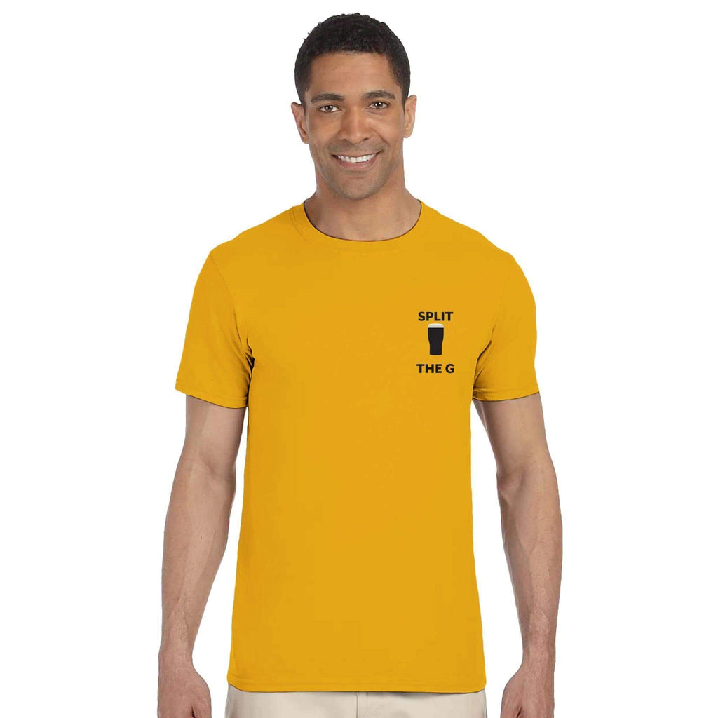 Man wearing a yellow Split The G T-Shirt inspired by Guinness, showcasing a stylish beer-themed design.