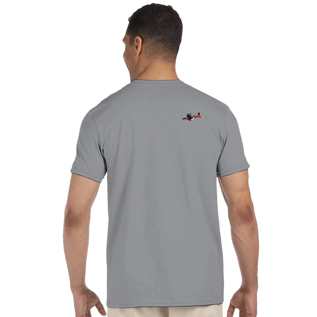 Back view of a man wearing a gray Split The G T-Shirt, showcasing its sleek design inspired by Guinness.