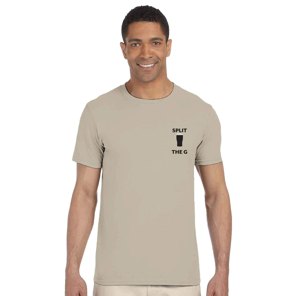 Man wearing a Split The G T-Shirt featuring a Guinness-inspired design, showcasing a love for stout beer.