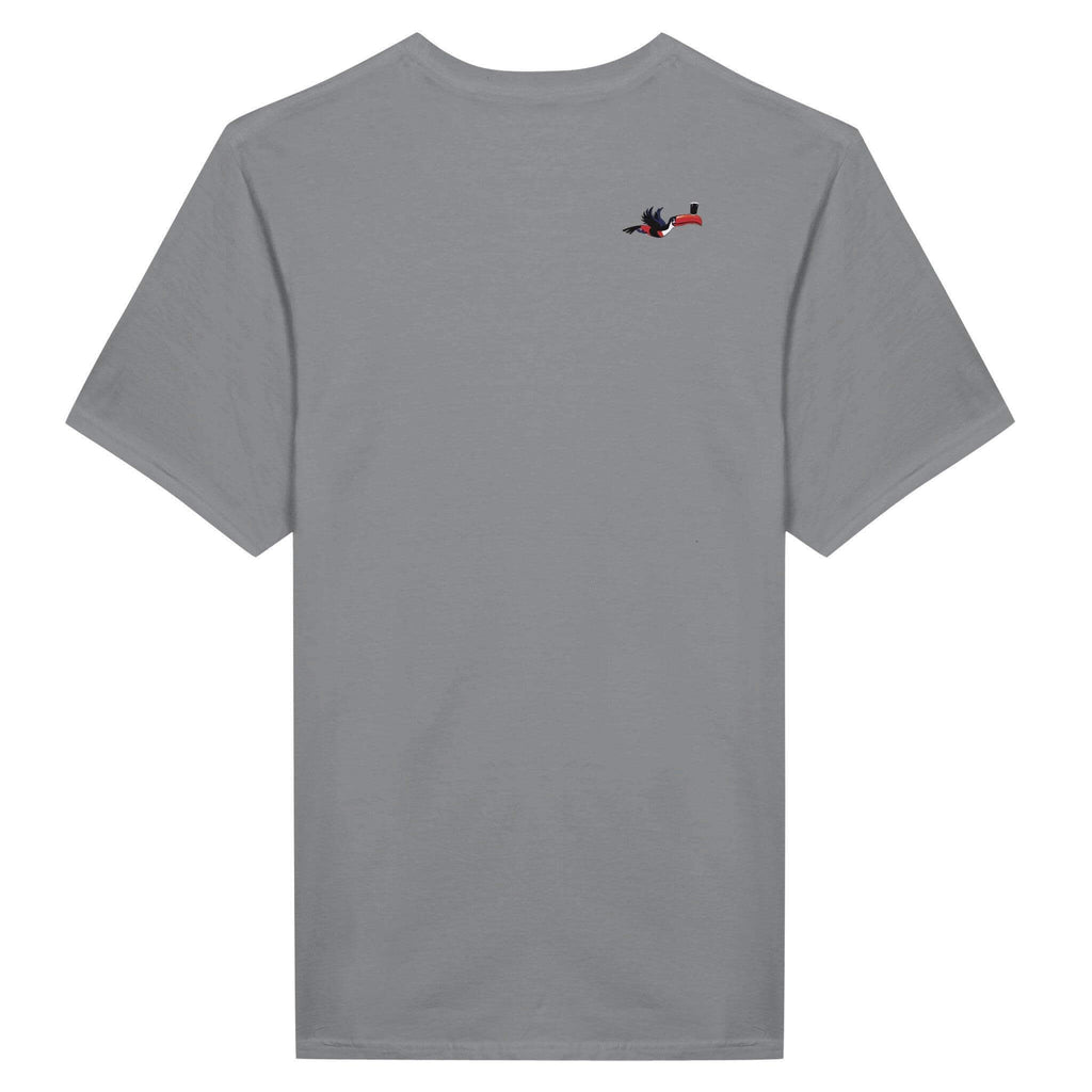 Back view of Split The G T-Shirt, a Guinness inspired design in a soft gray color.