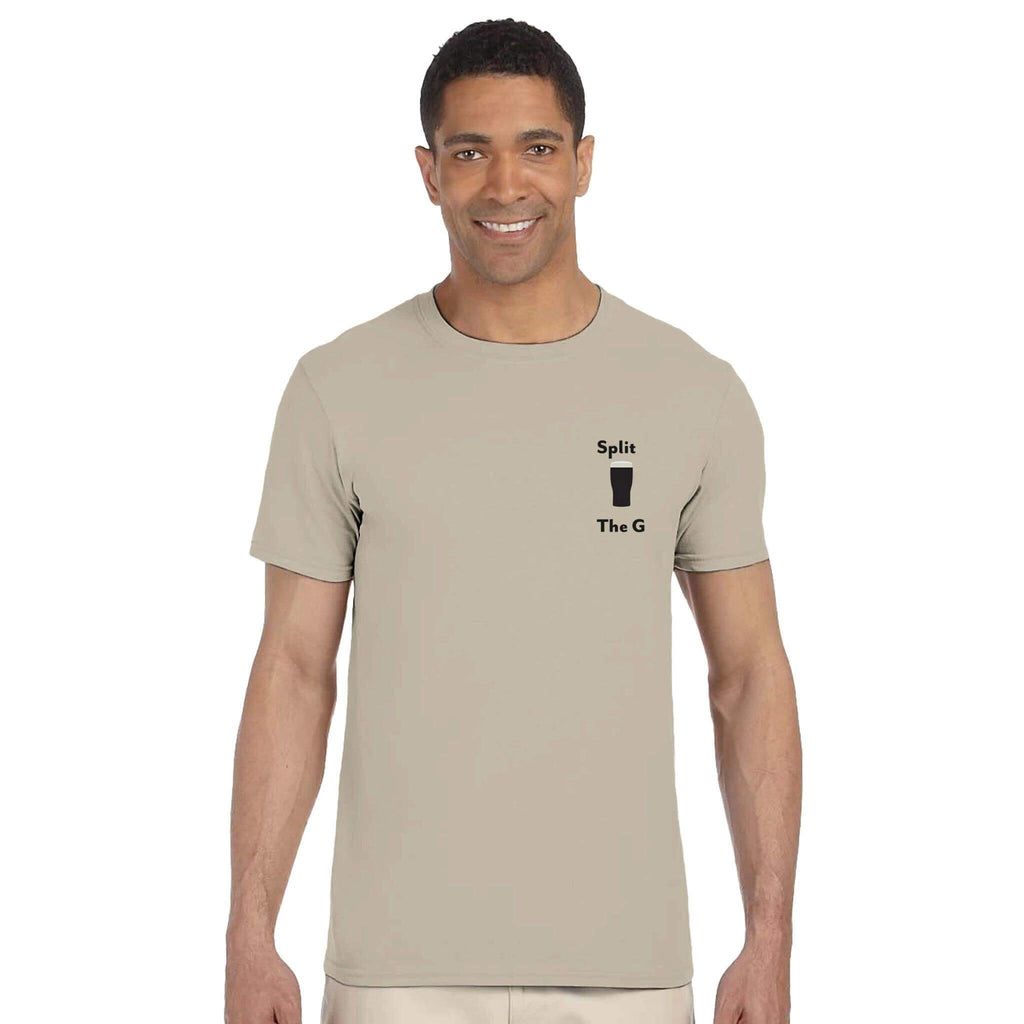 Man wearing a Split The G T-Shirt, celebrating Guinness with a unique design, perfect for beer lovers.