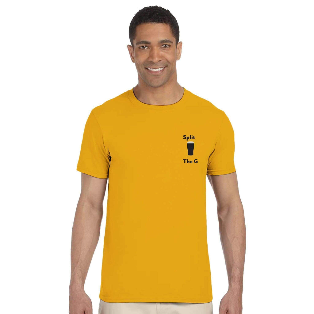 Man wearing a yellow Split The G T-Shirt featuring a Guinness-inspired design.