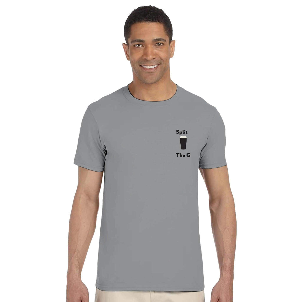 Guinness inspired Split The G T-Shirt on a model, celebrating love for the iconic stout.