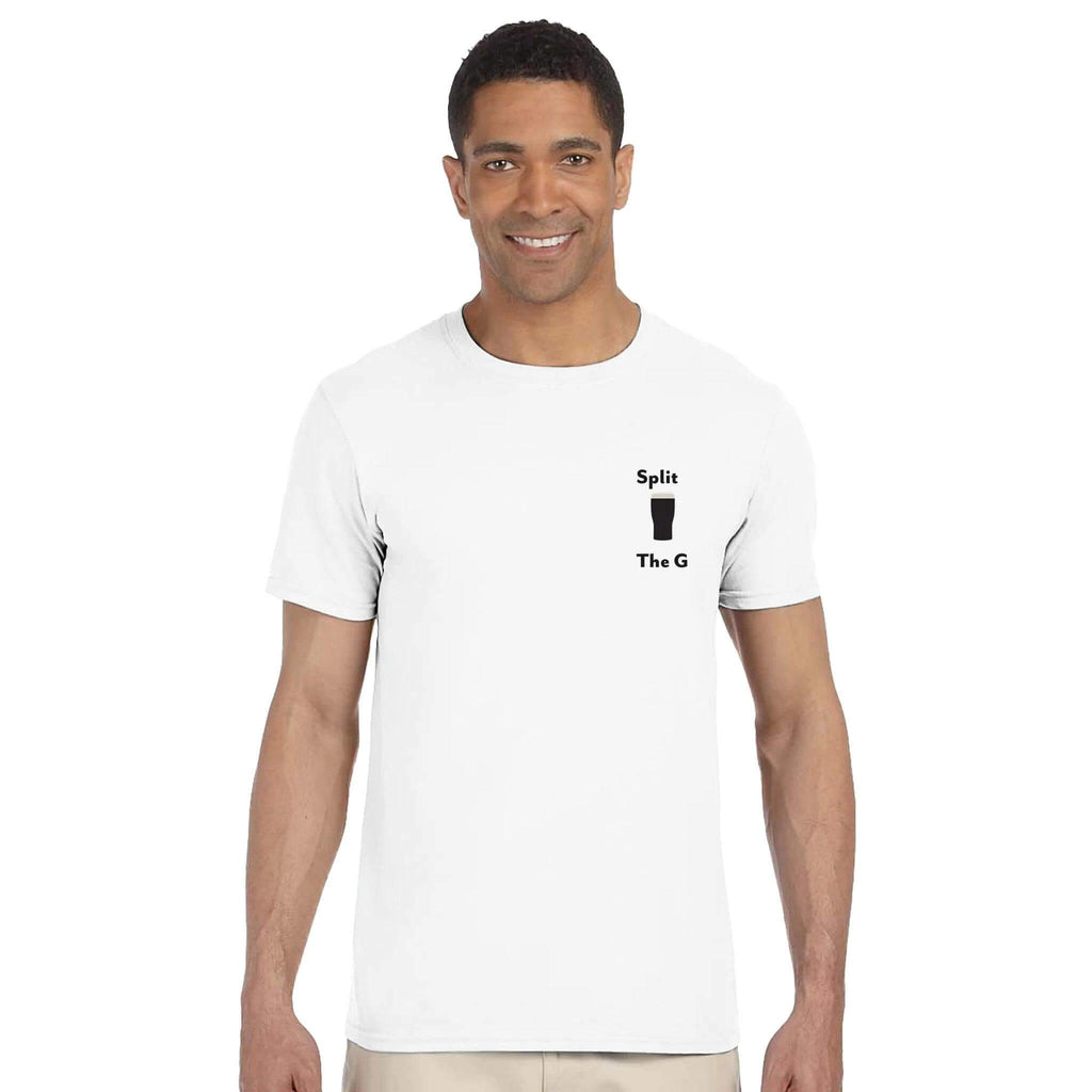 Man wearing Split The G T-Shirt featuring Guinness inspired design for beer lovers.
