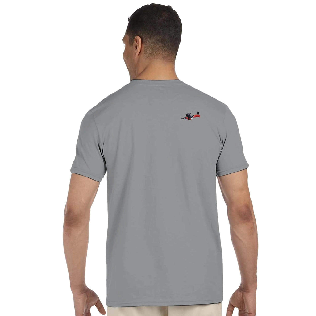 Back view of a man wearing a gray Split The G T-Shirt featuring a Guinness inspired design.