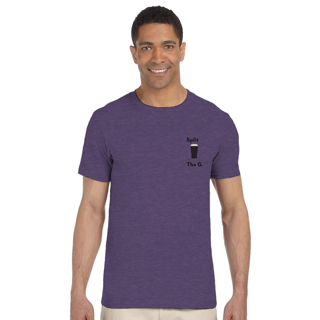 Man wearing a purple Split The G T-Shirt, celebrating Guinness-inspired style.