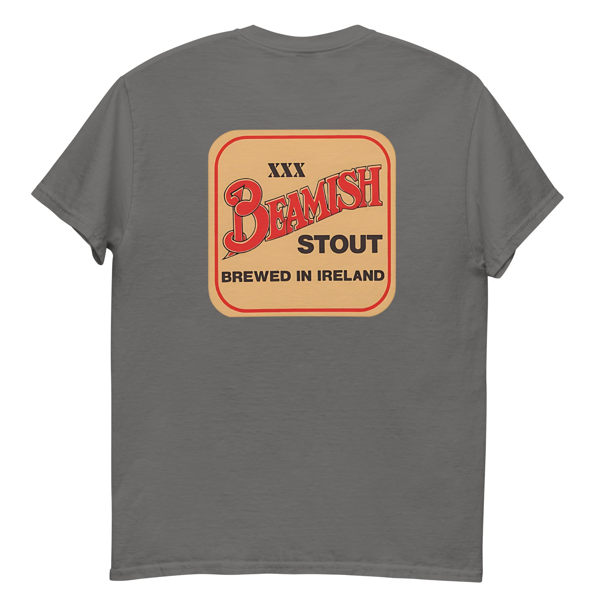 Gray Beamish Retro Tee featuring vintage stout badge, perfect for Irish beer lovers, oversized unisex fit.