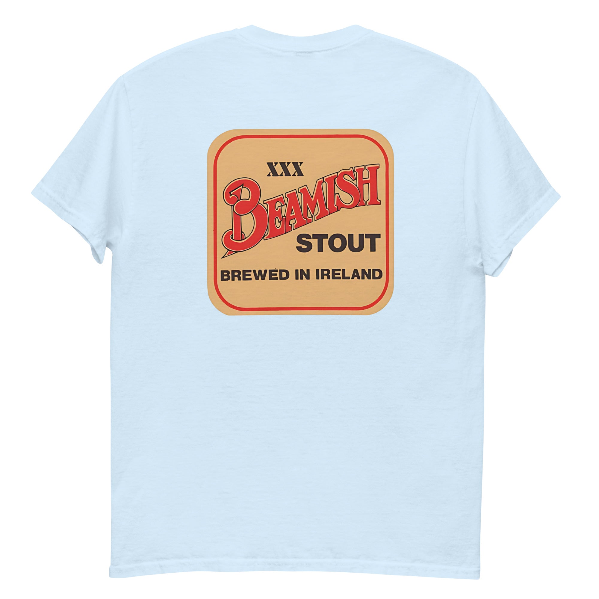 Brewed in Ireland Beamish Retro Tee featuring vintage stout logo on light blue fabric, perfect for bold Irish heritage fans.
