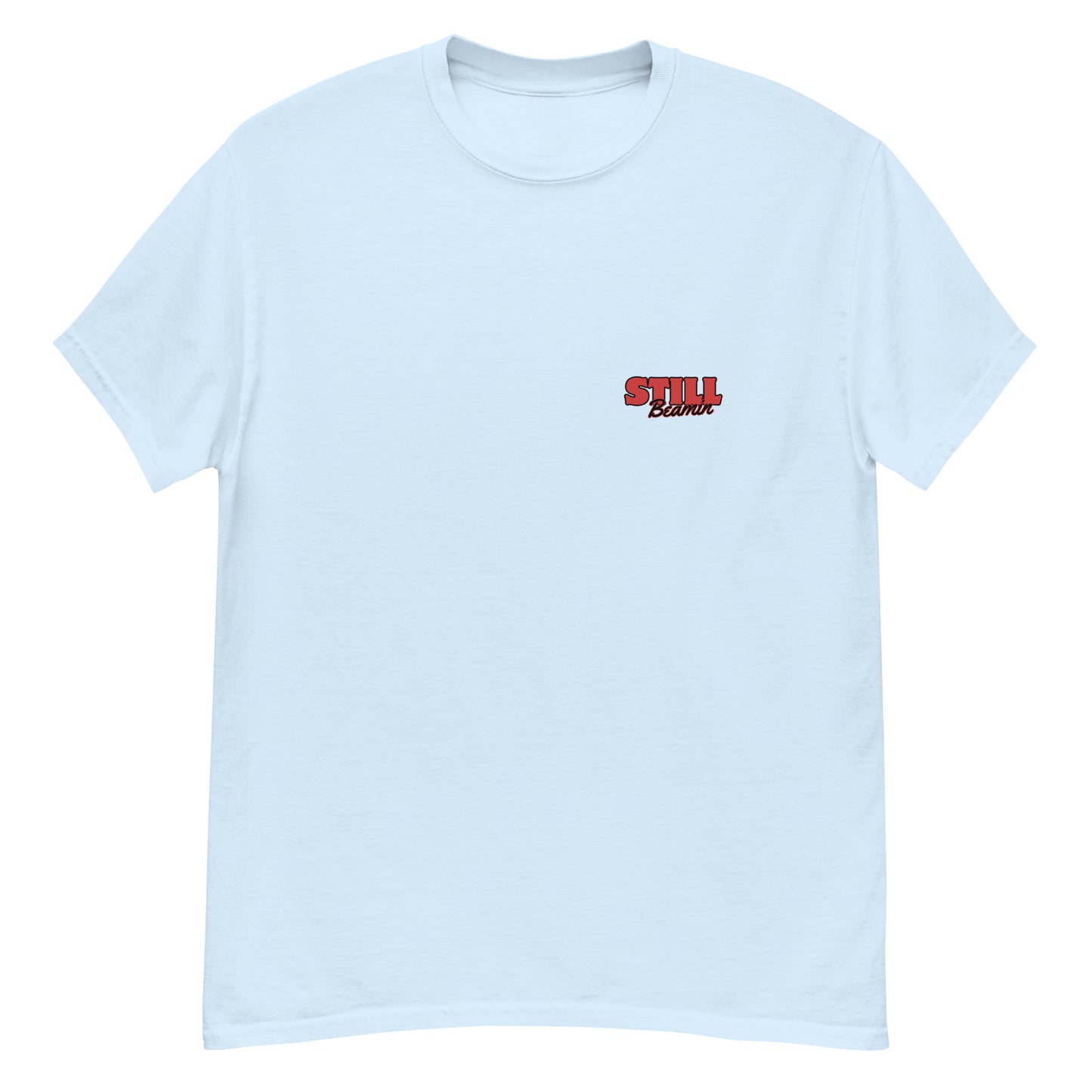 Brewed in Ireland Beamish Retro Tee in light blue with red vintage logo, perfect for stout lovers and Irish heritage fans.