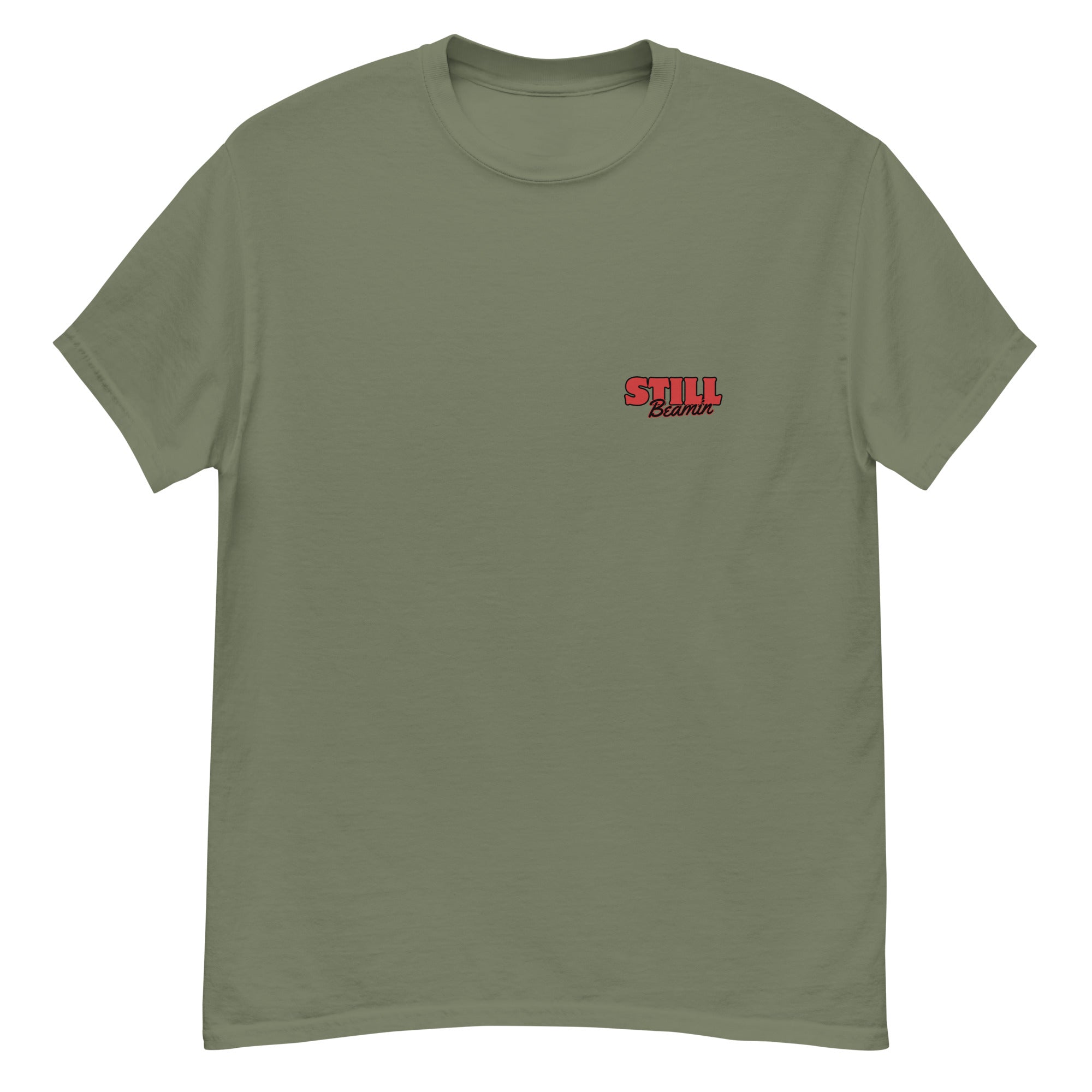 Brewed in Ireland Beamish Retro Tee in olive green with vintage-style 'STILL' logo.