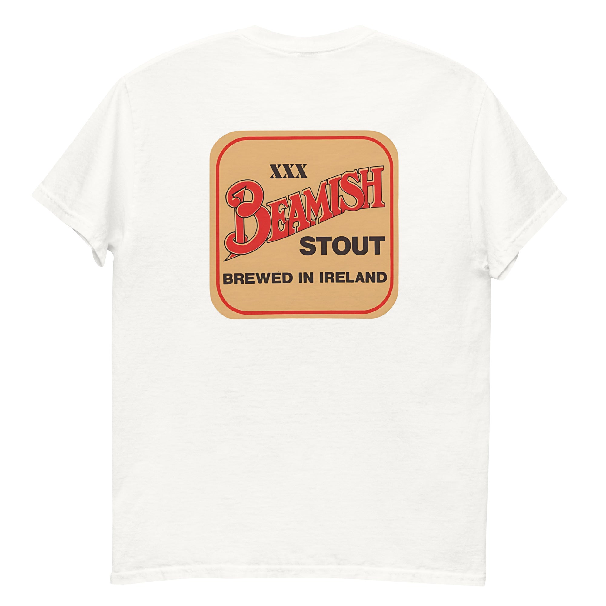 Back view of the Beamish Retro Tee with vintage stout badge, featuring 'Brewed in Ireland' in bold red and cream colors.