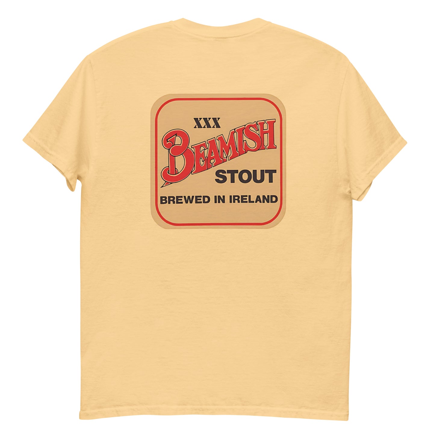 Back view of Beamish Retro Tee with vintage stout badge, showcasing Irish heritage and stylish design.
